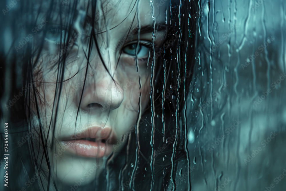 Lonely Girl Gazes Through Rainkissed Window, Her Melancholy Hidden From The World