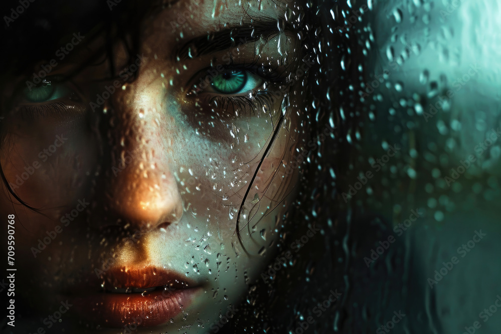 Fototapeta premium Melancholic Girl With Emerald Eyes Contemplates Life Through Rainstreaked Window
