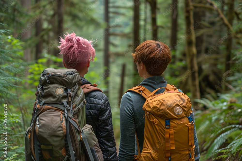 Two Hikers Exploring a Lush Forest