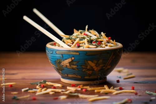 chips mix in a bamboo bowl with chopsticks
