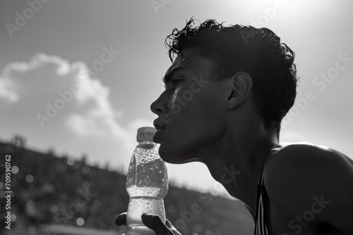 Latino Sprinter Maintains Hydration During Refreshing Break, Amid Bustling Stadium
