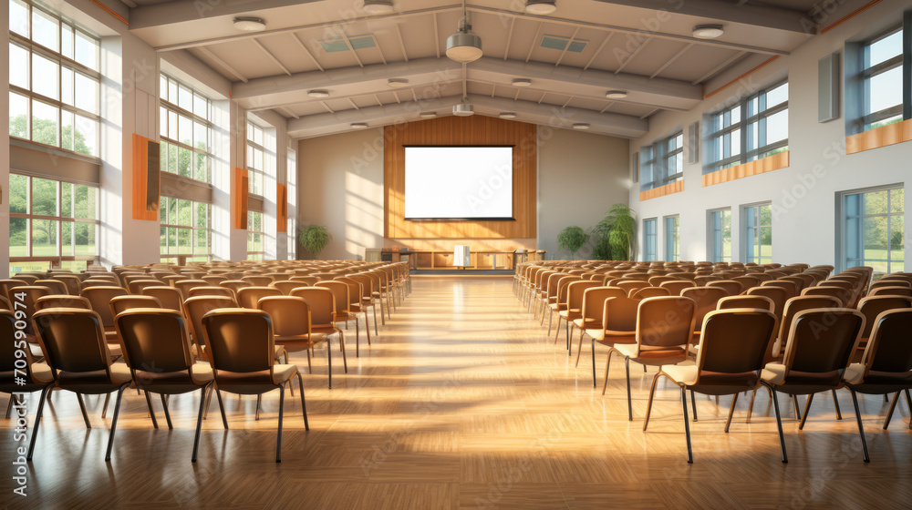 Bright conference hall with large windows and a park view. Seminar space concept. Generative AI