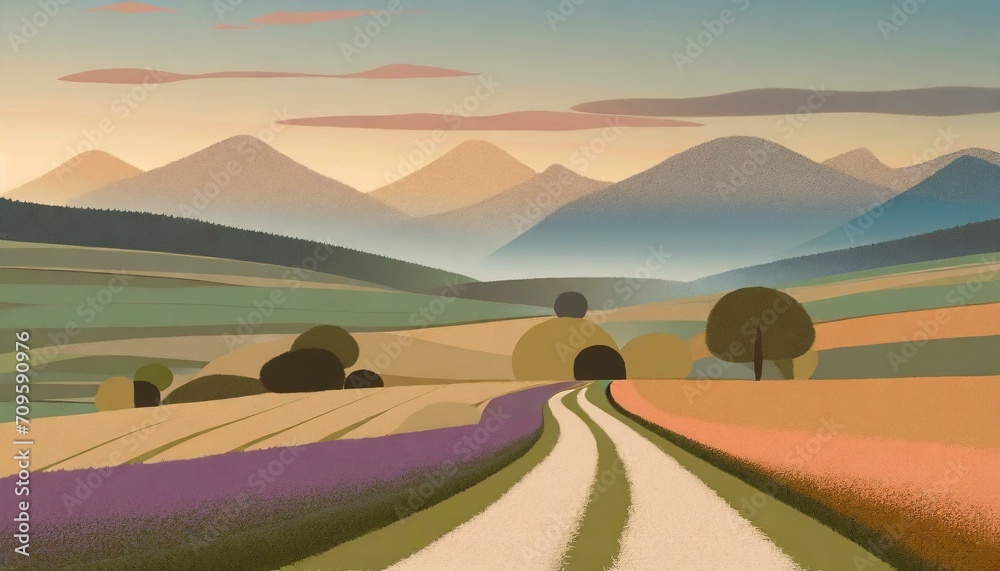 Obraz premium ポップな田舎道のイラスト 並木道 一本道