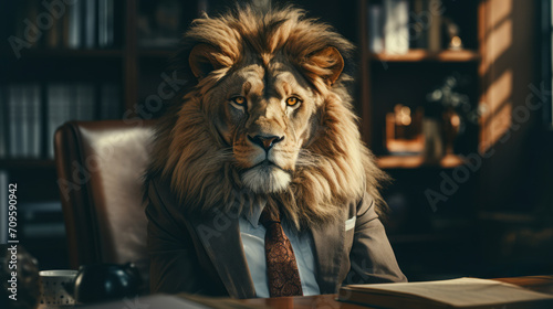 Regal lion-headed businessman in office  showcasing leadership and solemnity. Generative AI