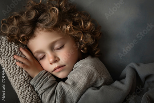Tranquil Child Takes A Relaxing Nap On Soft Pillow, Enveloped By Calm Grey Background