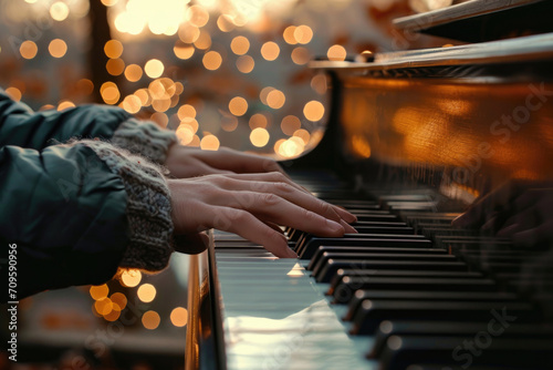 Person Playing Piano Outside, Hands Pressing Keys, Bokeh Lights, Nature Backdrop