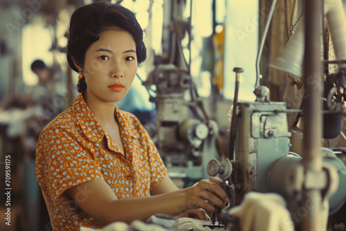 Skilled Asian Seamstress Operating Machinery In Busy Textile Factory