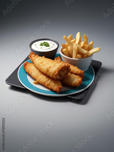 Crispy Fish and Chips with Tartar Sauce - Minimal Line Art Pop Illustration on Vibrant Gradient Background Gen AI photo