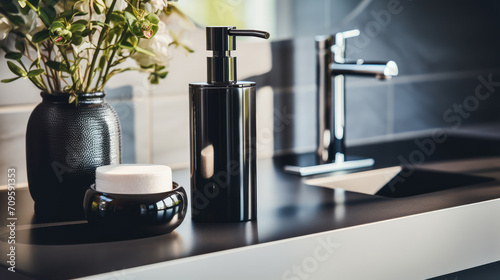 Elegant black bathroom accessories on dark marble background. Luxury home decor. Generative AI