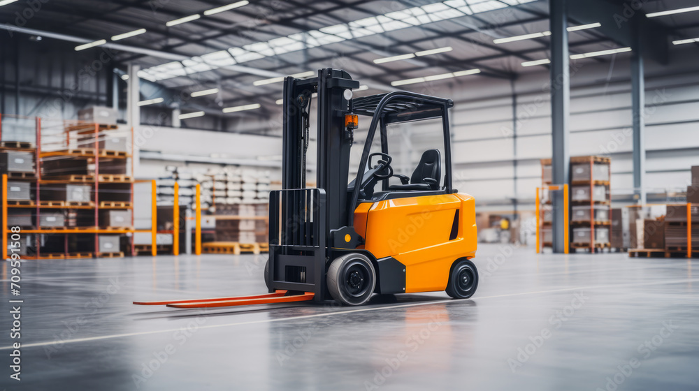 Modern warehouse with high shelves and an orange forklift in operation. Logistics efficiency concept. Generative AI