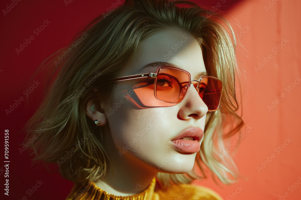 Young Fashion Model With Blonde Hair, Wearing Retro Sunglasses Poses For Camera Young Fashion Model With Blonde Hair, Wearing Retro Sunglasses Poses For Camera