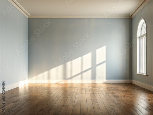 Spacious empty room with sunlight casting shadows on wooden floor. Architecture concept. Generative AI