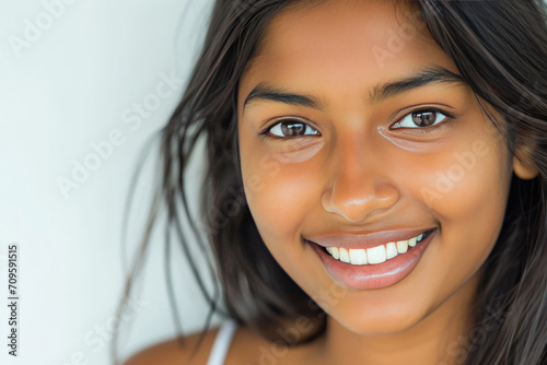 Radiant Young Asian Indian Model Poses With A Captivating Smile Against A Clean White Background