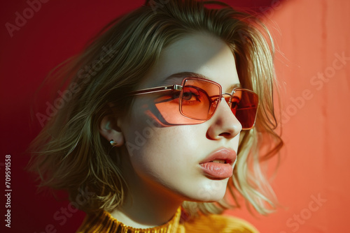 Young Fashion Model With Blonde Hair, Wearing Retro Sunglasses Poses For Camera