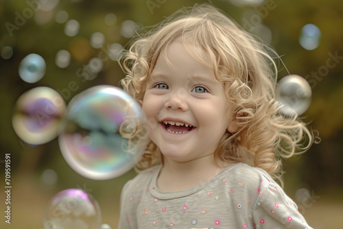 Playful Moment: Young Girl's Joyful Interaction With Bubbles
