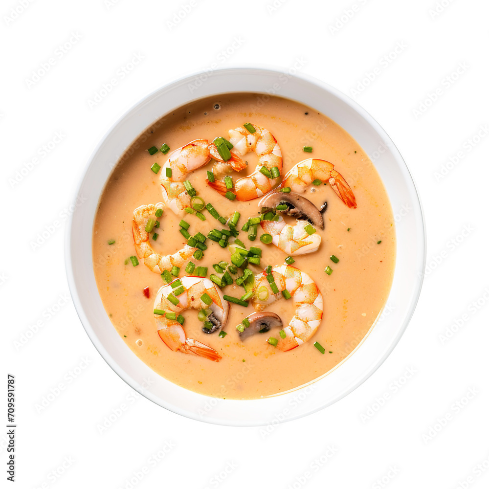 bowl of shrimp bisque soup top view isolated on transparent background Remove png, Clipping Path, pen tool