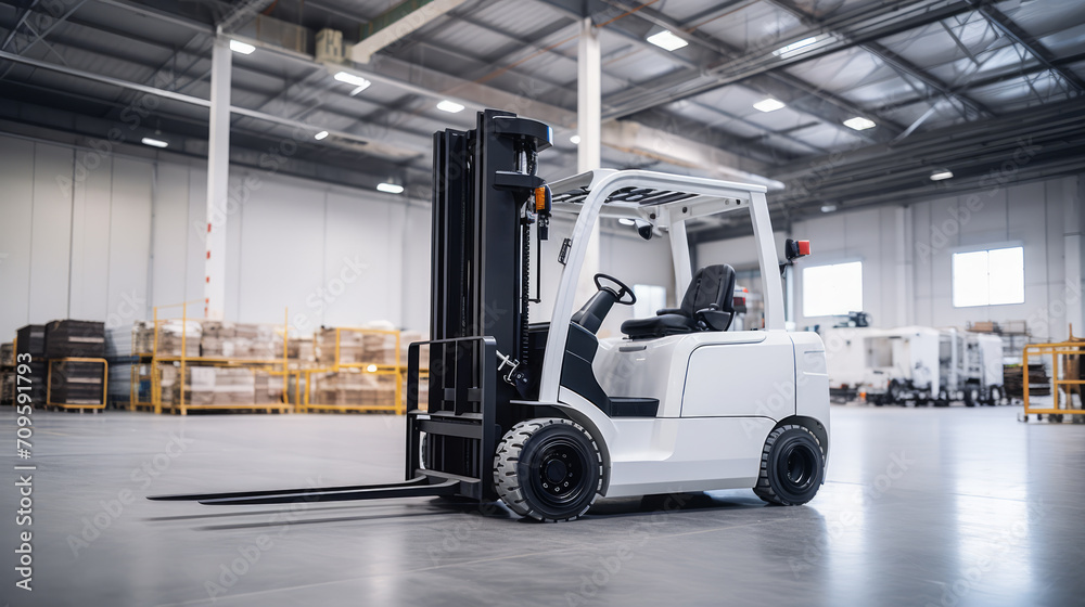 New electric forklift parked in a spacious warehouse. Logistic efficiency concept. Generative AI