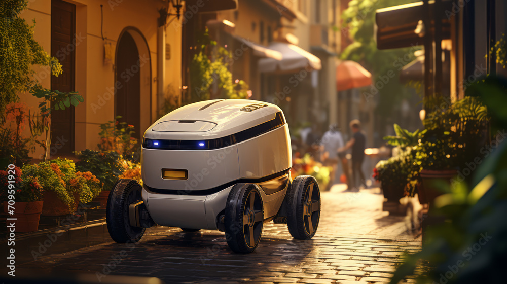 Obraz premium Tech delivery robot cruising through a modern pedestrian zone. Smart city logistic concept. Generative AI
