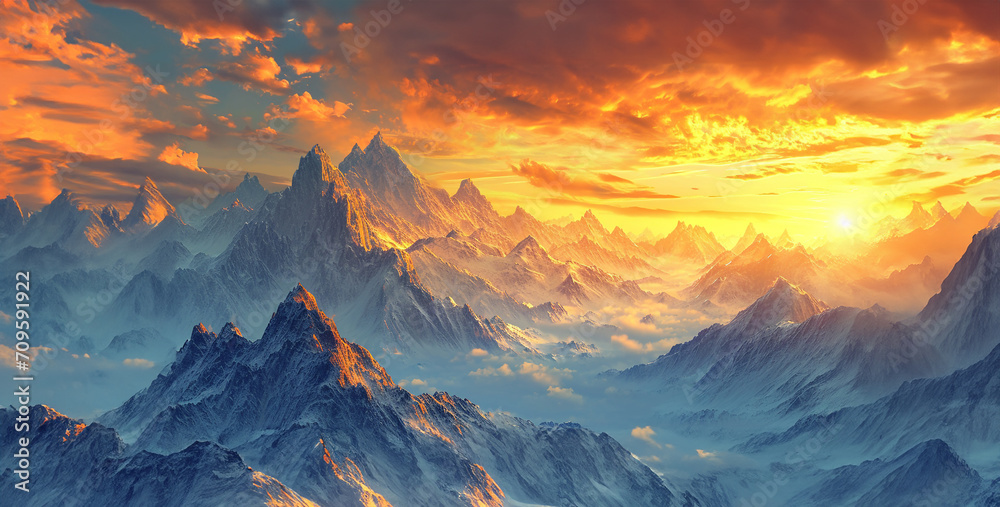 Fantasy landscape with mountains and lake at sunset. 3D illustration, Beautiful mountain landscape many high mountains mountain