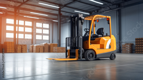 Orange forklift in action at a distribution warehouse with sunlight. Operational excellence concept. Generative AI