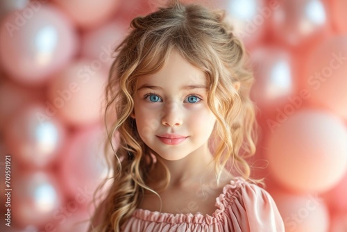 Cute young girl with expressive eyes and a pink background, radiating happiness in a holiday portrait.