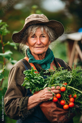 An old woman with a harvest of vegetables in the garden. Selective focus.