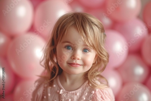 Adorable little girl at a birthday party wearing a stylish dress surrounded by colorful decorations.