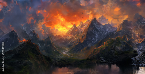 Fantasy landscape with mountains and lake at sunset. 3D illustration, Beautiful mountain landscape many high mountains mountain © GFX Art