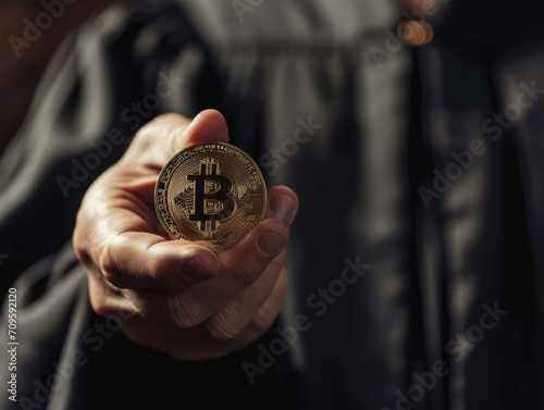 Hand holding Bitcoin against dark suit background. Cryptocurrency and business concept. Generative AI