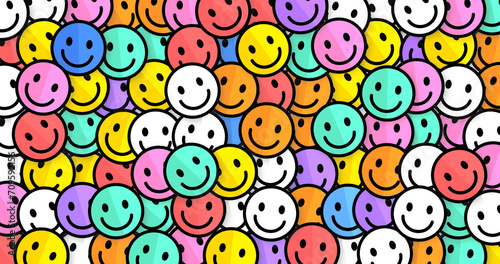 Colorful dynamic smiling emojis pattern. Bright funny colorful background. Retro funny template illustration. Pozitive faces. Don't worry! Trendy abstract summer kids style. Be Happy. Rainbow colors