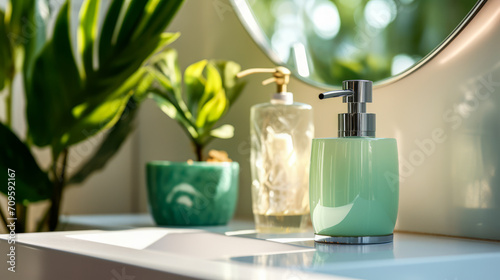 Modern green soap dispenser with golden accents in a bright bathroom setting. Freshness and hygiene concept. Generative AI