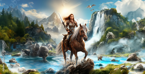 Fantasy scene with a woman warrior riding a horse in front of a waterfall, Warrior on horseback. Fantasy and fairy tale. 3d rendering, Beautiful woman riding a horse on a background of waterfalls. © Asif Ali 217