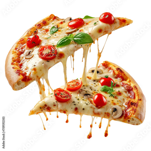 Two slices of pizza with melted cheese and ingredients in the air photo