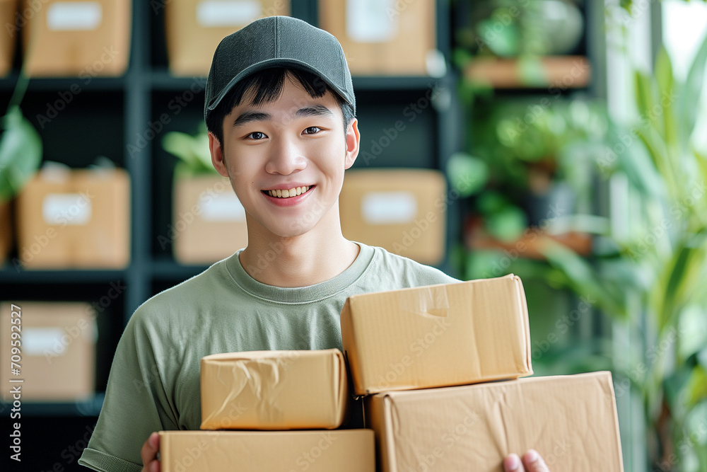 Smiling Young Entrepreneur with Package Deliveries Smiling Young Entrepreneur with Package Deliveries