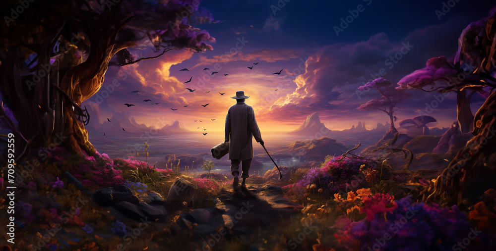 Fantasy landscape with a man in a hat and a walking stick, a old african man with a walking stick walks, Photographer on top of a rock in the jungle. 3d render Fantasy landscape with a man in a hat and a walking stick, a old african man with a walking stick walks, Photographer on top of a rock in the jungle. 3d render
