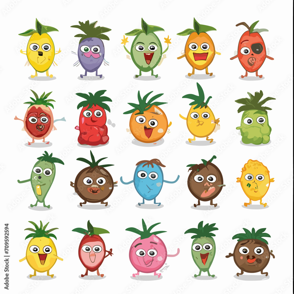 set of fruits stickers , set of cartoonish stickers , sticker for kids , sticker for advertisments , sticker for school kids