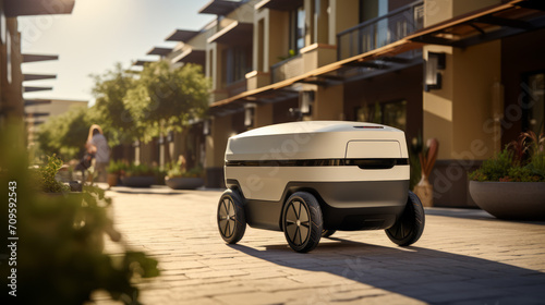 Futuristic delivery robot cruising through a modern pedestrian zone. Smart city concept. Generative AI photo