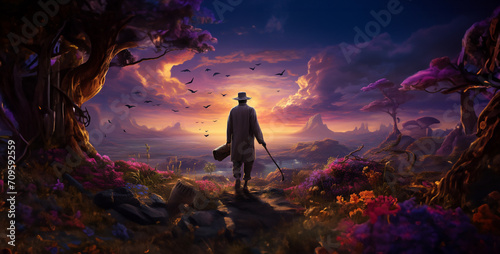 Fantasy landscape with a man in a hat and a walking stick, a old african man with a walking stick walks, Photographer on top of a rock in the jungle. 3d render 