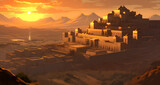 an animated illustration of an ancient city in the sunset