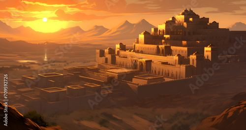 an animated illustration of an ancient city in the sunset