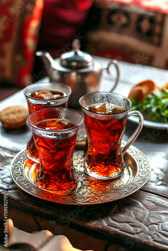 Turkish tea on the table. Selective focus.