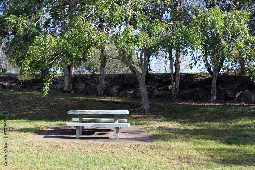 Picnic tables under trees at Joe Joseph Park in Gladstone, Queensland, Australia