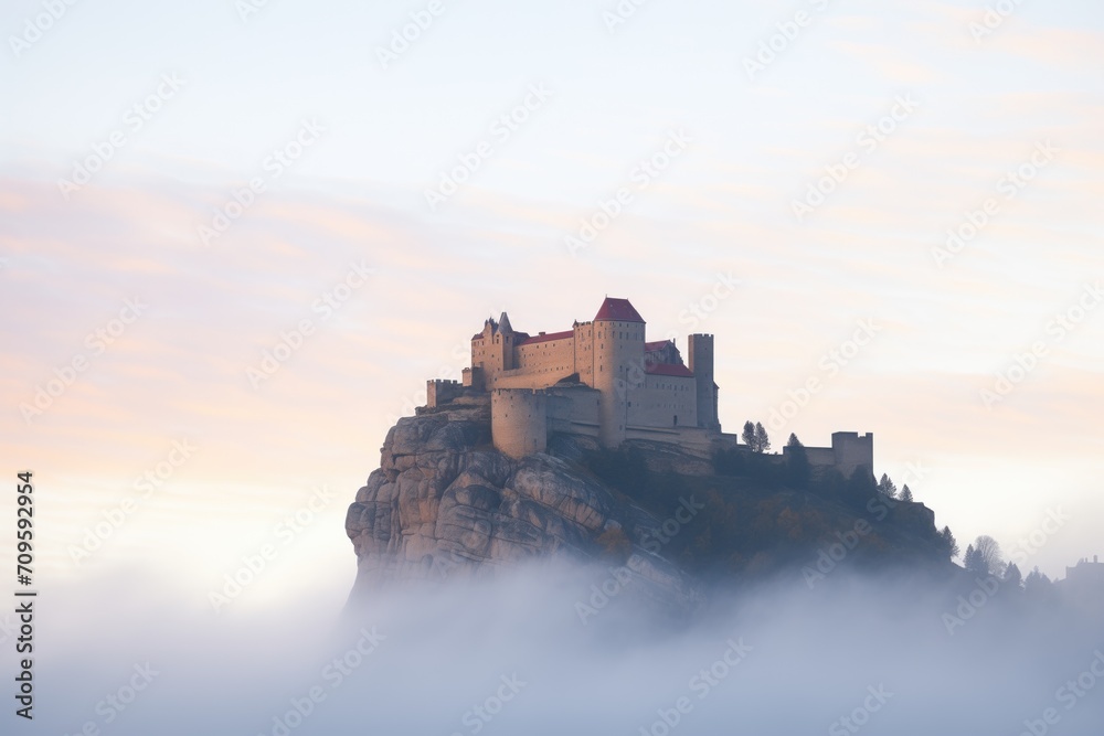 fog enshrouding an imposing stone castle at dusk