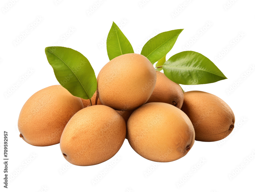 A grouping of ripe sapodilla fruits with leaves on a transparent background. A grouping of ripe sapodilla fruits with leaves on a transparent background.