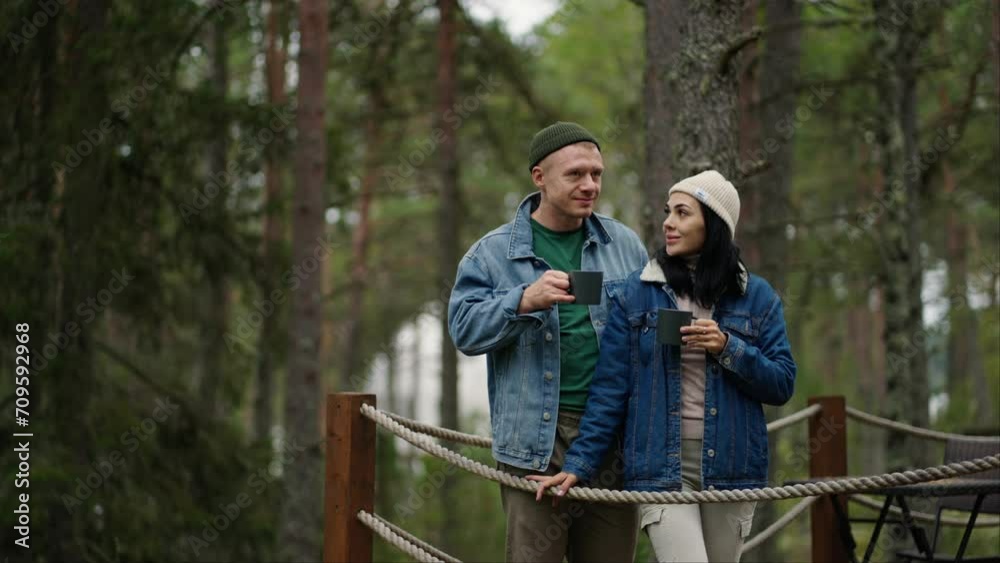 Romantic Weekend In Nature, Happy Loving Couple Drinking Coffee In Glamping In Calm Morning Romantic Weekend In Nature, Happy Loving Couple Drinking Coffee In Glamping In Calm Morning