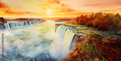 Digital painting of Niagara Falls at sunset, United States of America.Niagara Falls at sunset. Panoramic view of Niagara Falls, Ontario, watercolor painting of Niagara Falls at sunset