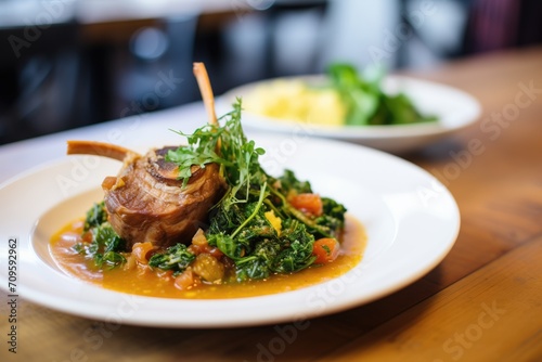 osso buco served with a side of polenta and greens
