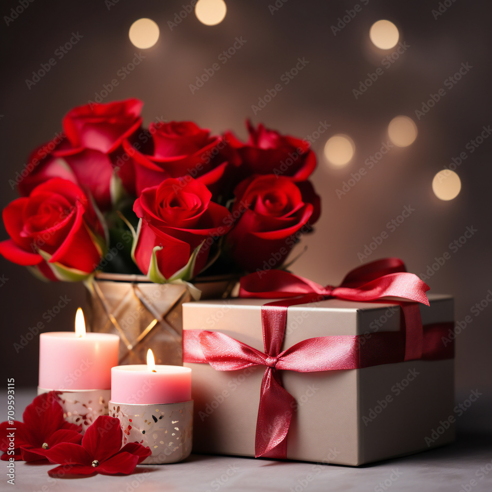 Fototapeta premium St. Valentine's Day banner. Happy St. Valentine's Day, Mother's Day, Women's Day web line. Red roses bouquet, gift box and candles on white background. Copy space, product place. Festive banner