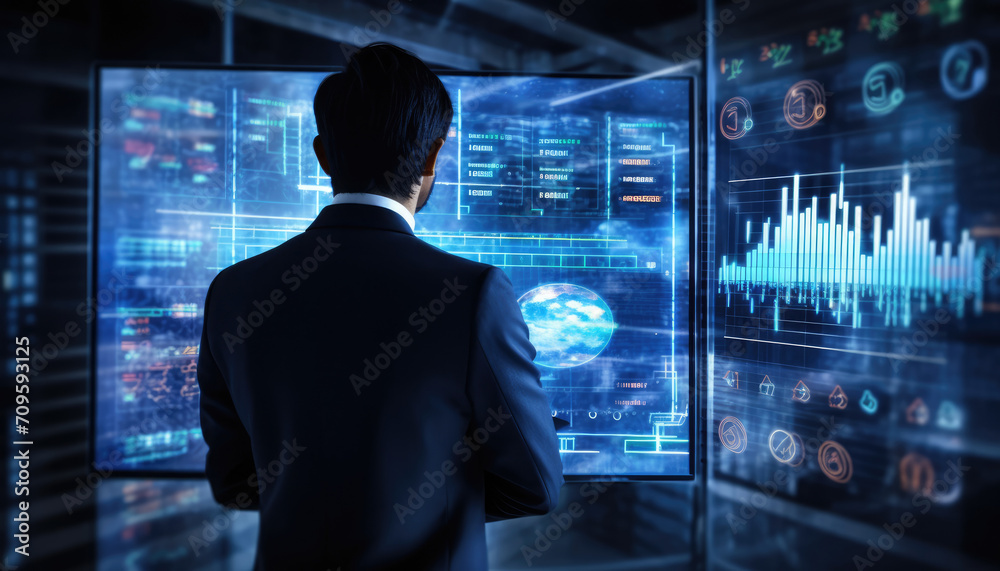 Close up of engineer, businessman, programmers observing data on futuristic computer hologram. Developing Advanced Software with multiple computer of code on futuristic modern interface Close up of engineer, businessman, programmers observing data on futuristic computer hologram. Developing Advanced Software with multiple computer of code on futuristic modern interface