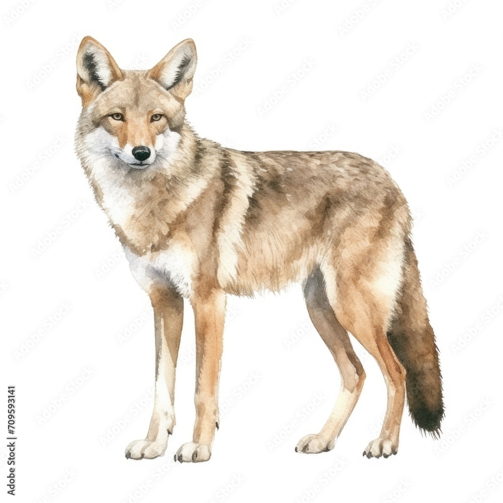 Coyote watercolor illustration. Painting of forest animal on white background